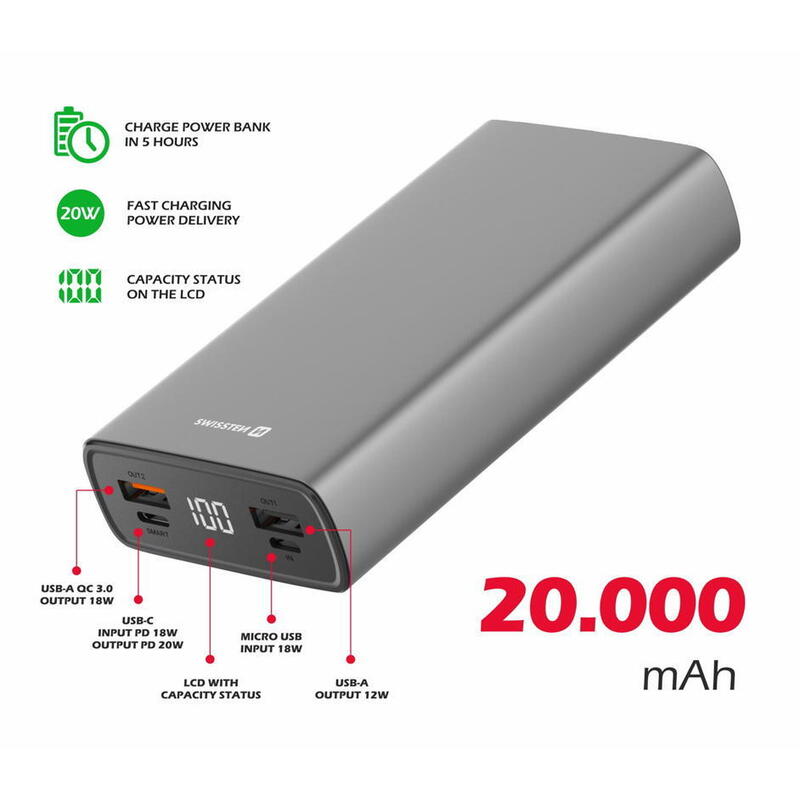 Powerbank Swissten Aluminum 20.000 mAh 