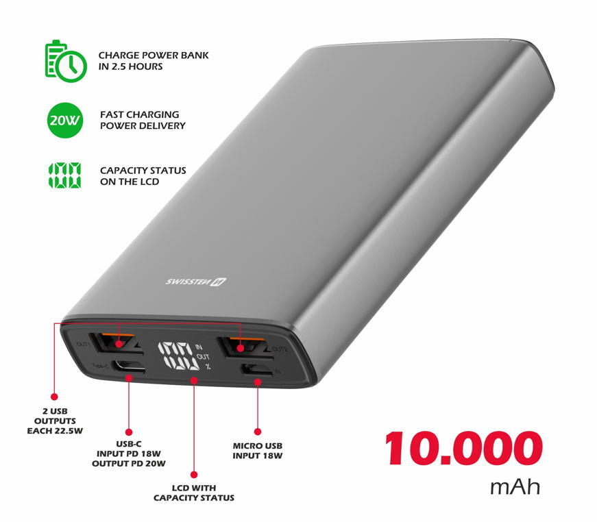 Powerbank Swissten Aluminum 10.000 mAh 2/3