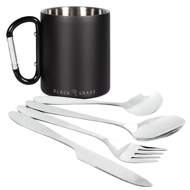 Camping tasse thermique mousqueton et couverts 'lunch' set | Acier inoxydable