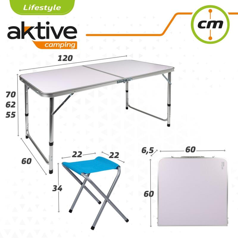 Mesa plegable regulable en altura con 4 taburetes Aktive