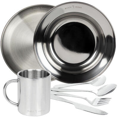 Camping Thermotasse, Besteck 'lunch', flacher und tiefer Teller Set | Edelstahl