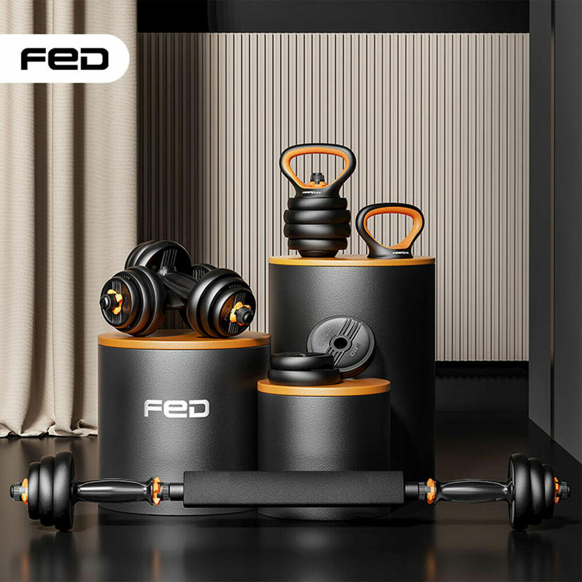 Kit de musculação V2 FED de 40 kg: Halteres + Barra + Kettlebell 7/8