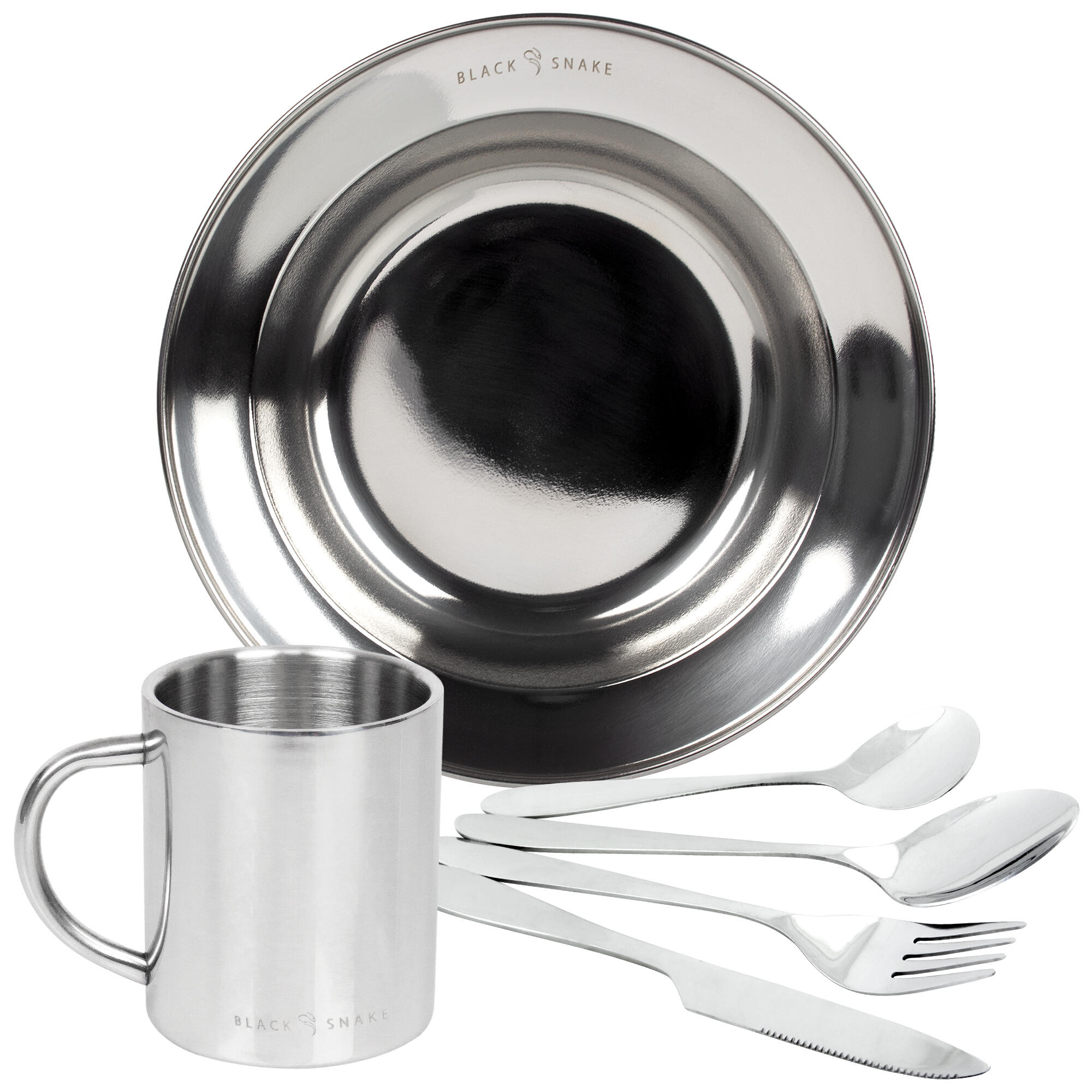 BLACK SNAKE Campeggio piatto fondo, tazza termica e posate set | Acciaio inossidabile