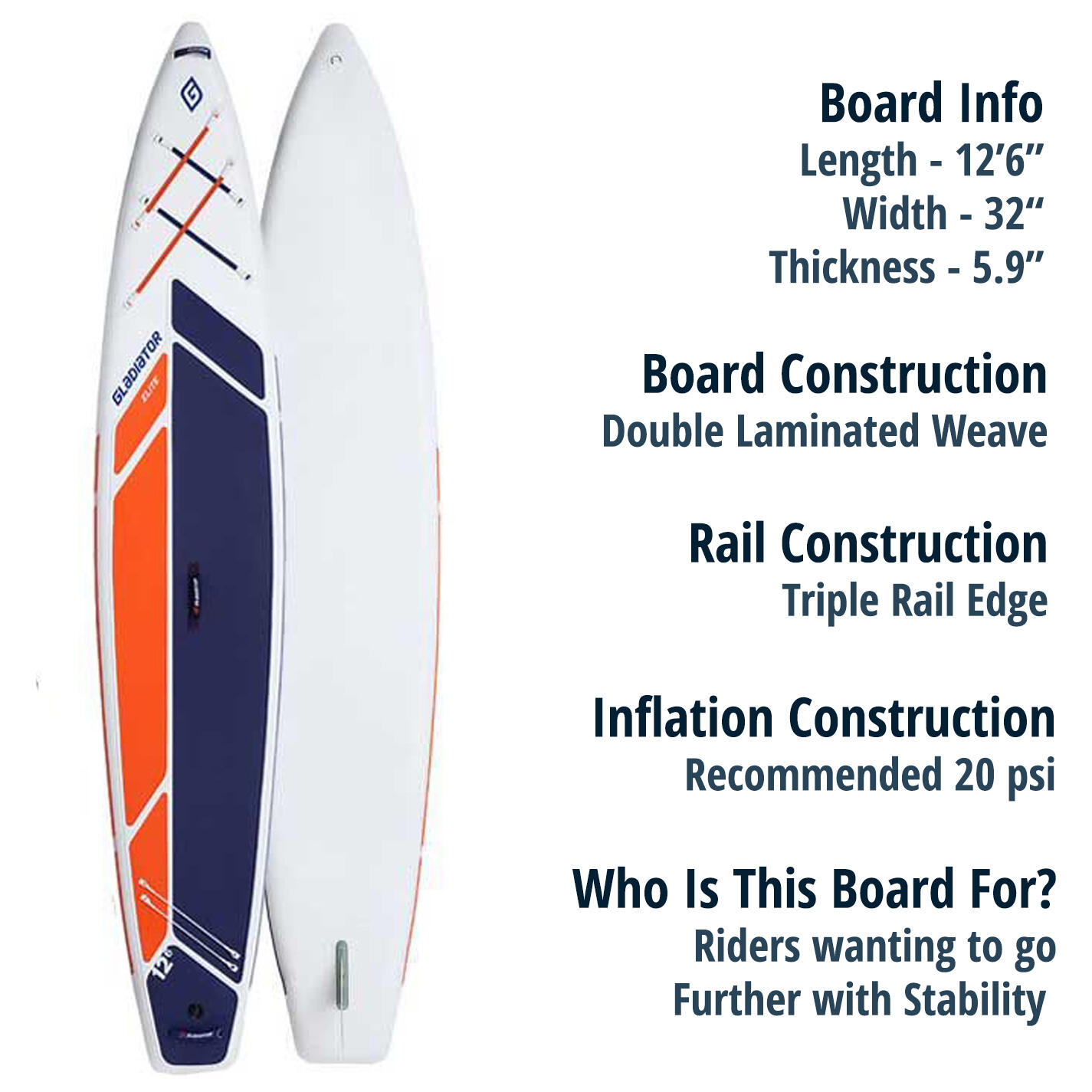 Gladiator Elite Touring 12'6 x 32” x 5.9” Touring Paddle Board For Stability 2/7