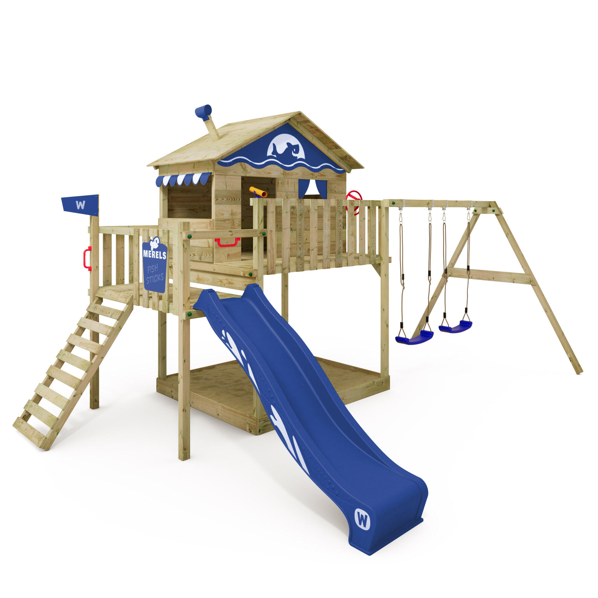 WICKEY Smart Coast speeltoren met schommel & blauwe glijbaan