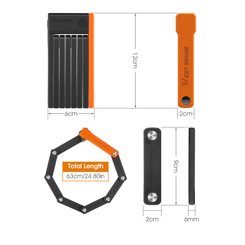 Antifurt bicicleta pliabil cu cheie si suport prindere, 63 cm, negru+portocaliu
