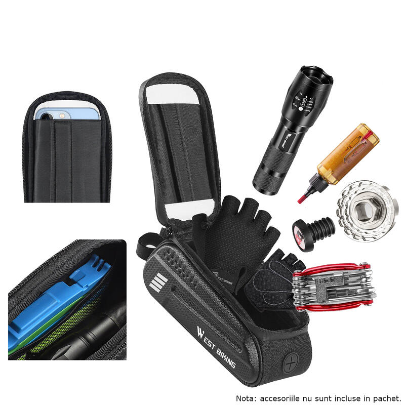 Geanta pentru bicicleta, fixare cadru, suport pentru telefon, impermeabila, 1.5L