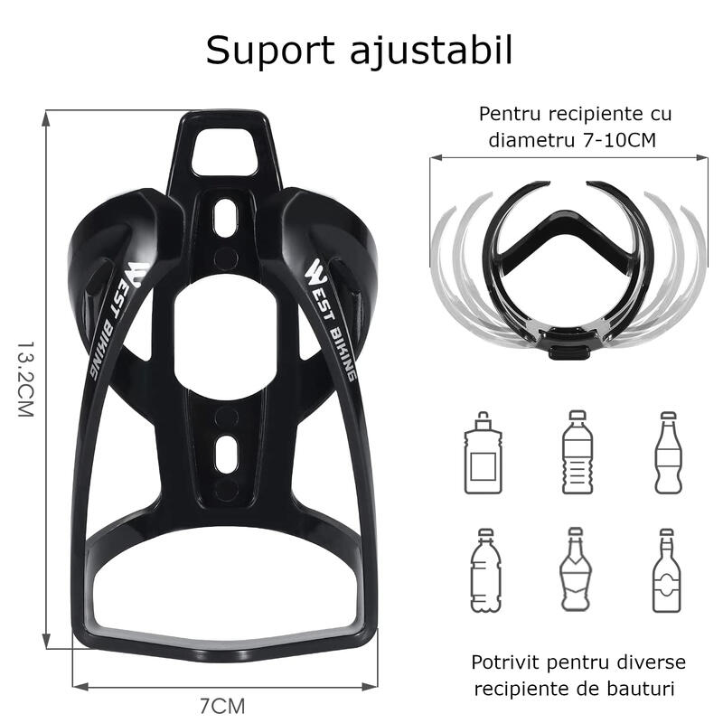 Suport sticla apa bicicleta, montare pe cadru, plastic, 13.2 x 7 cm, negru