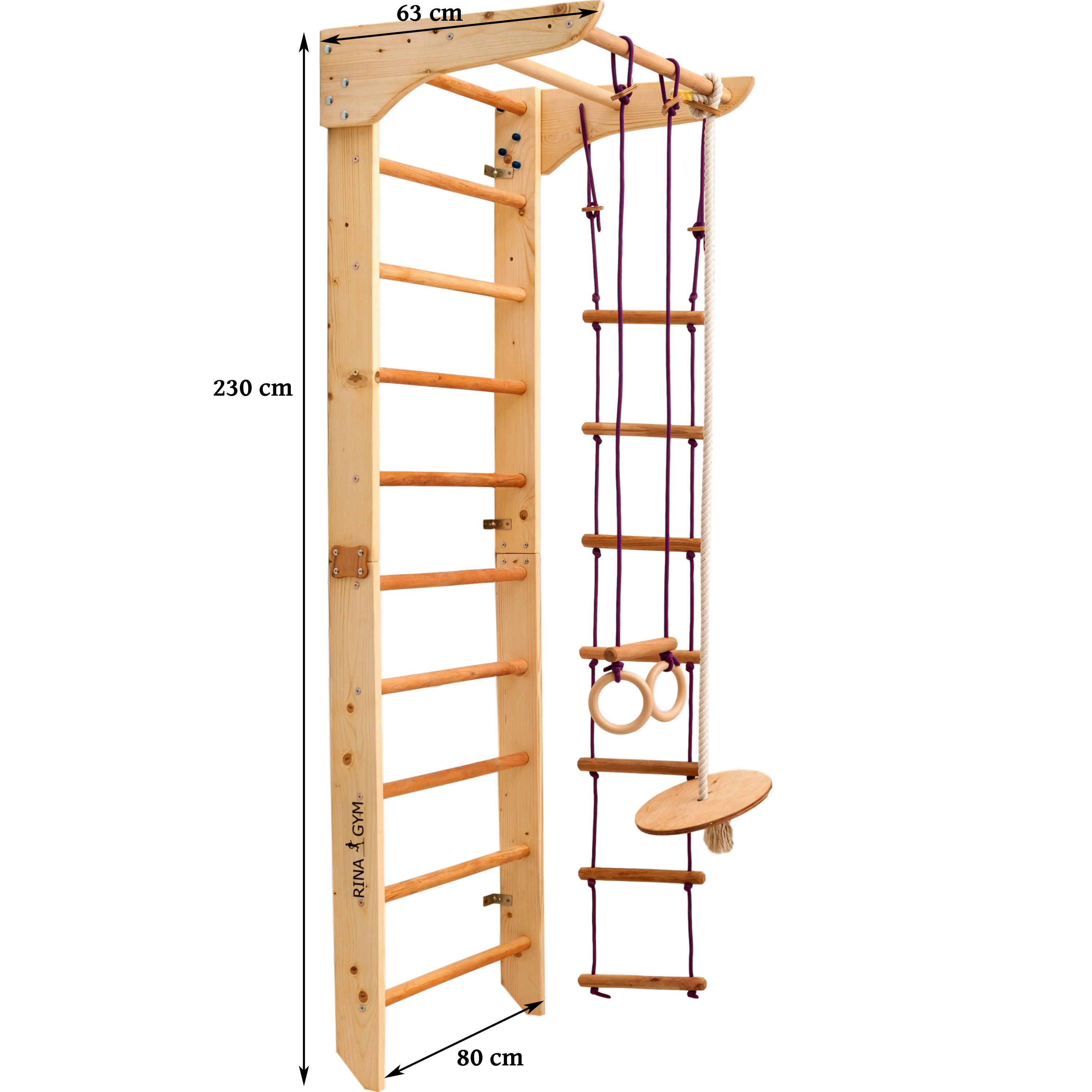 Espaldar sueco de madeira com barra e argolas – RINAGYM Kinder 2 natural 3/4