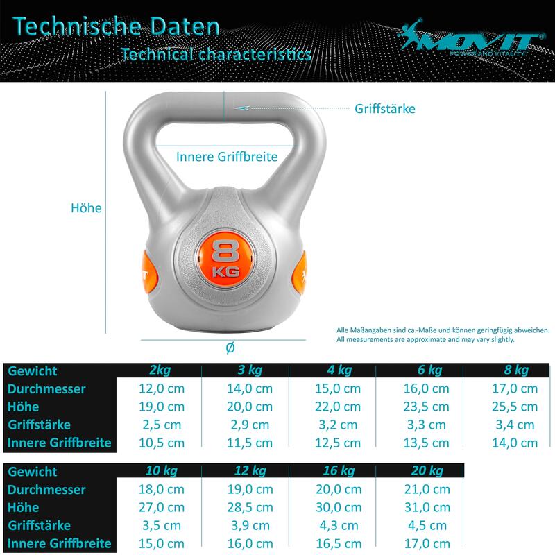 Kettlebell, MOVIT®, 8 kg, gri/portocaliu