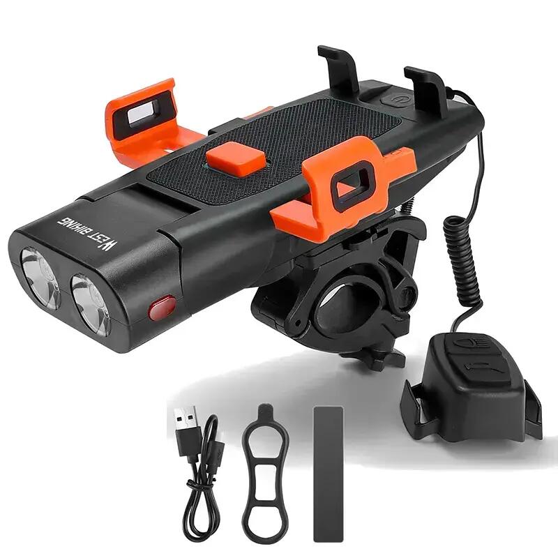 Far bicicleta multifunctional LED, dublu, 5 functii, suport telefon, claxon, USB 3/5