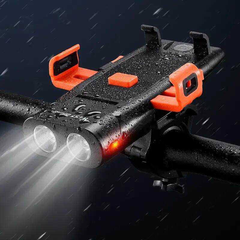 Far bicicleta multifunctional LED, dublu, 5 functii, suport telefon, claxon, USB 4/5