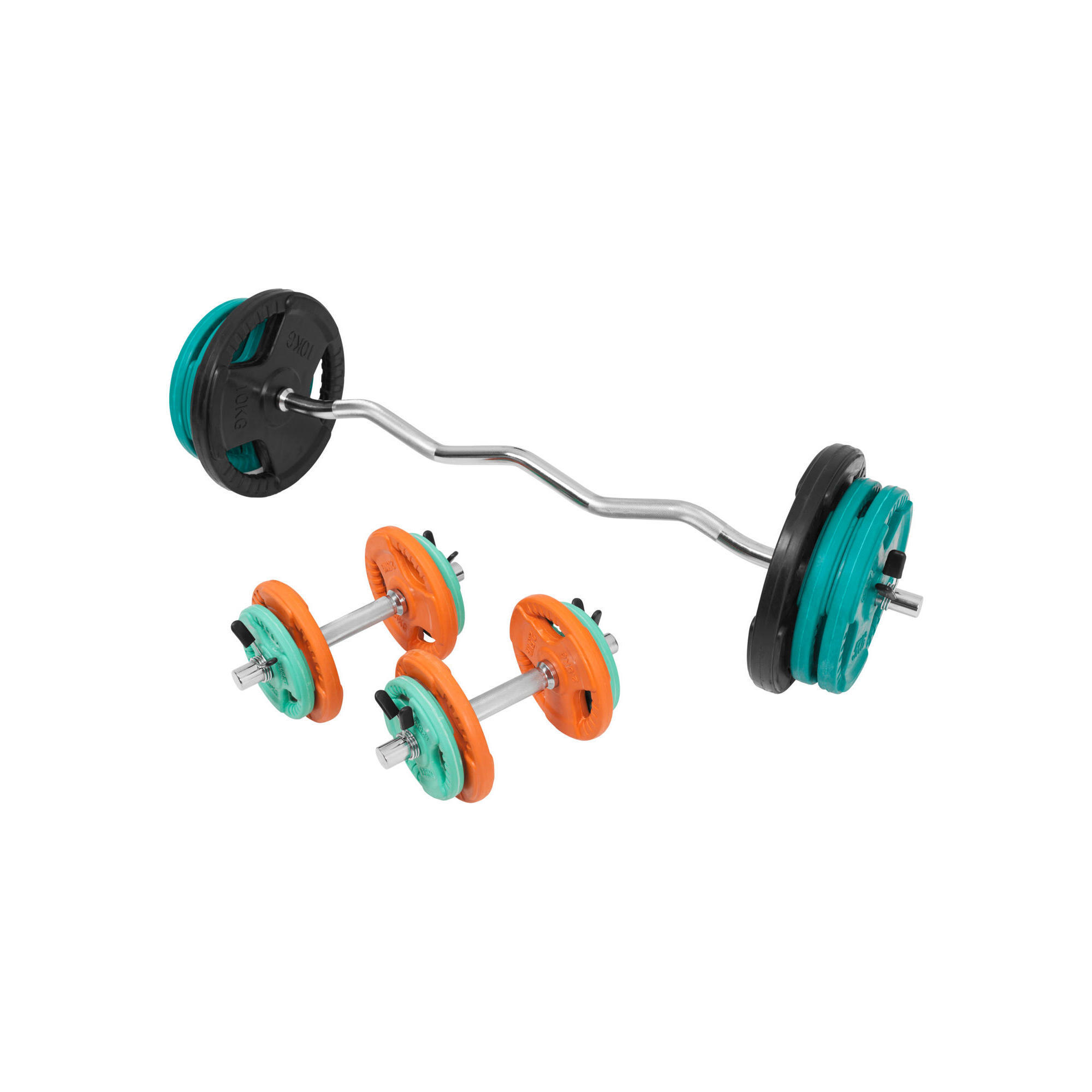 Gorilla Sports - Kit 68kg Avec Poids En Caoutchouc Grip Et Barre Curl | Diametre 30/31mm | Muscul - Kit Haltères - Gris|vert - 60-80 Kg - Decathlon