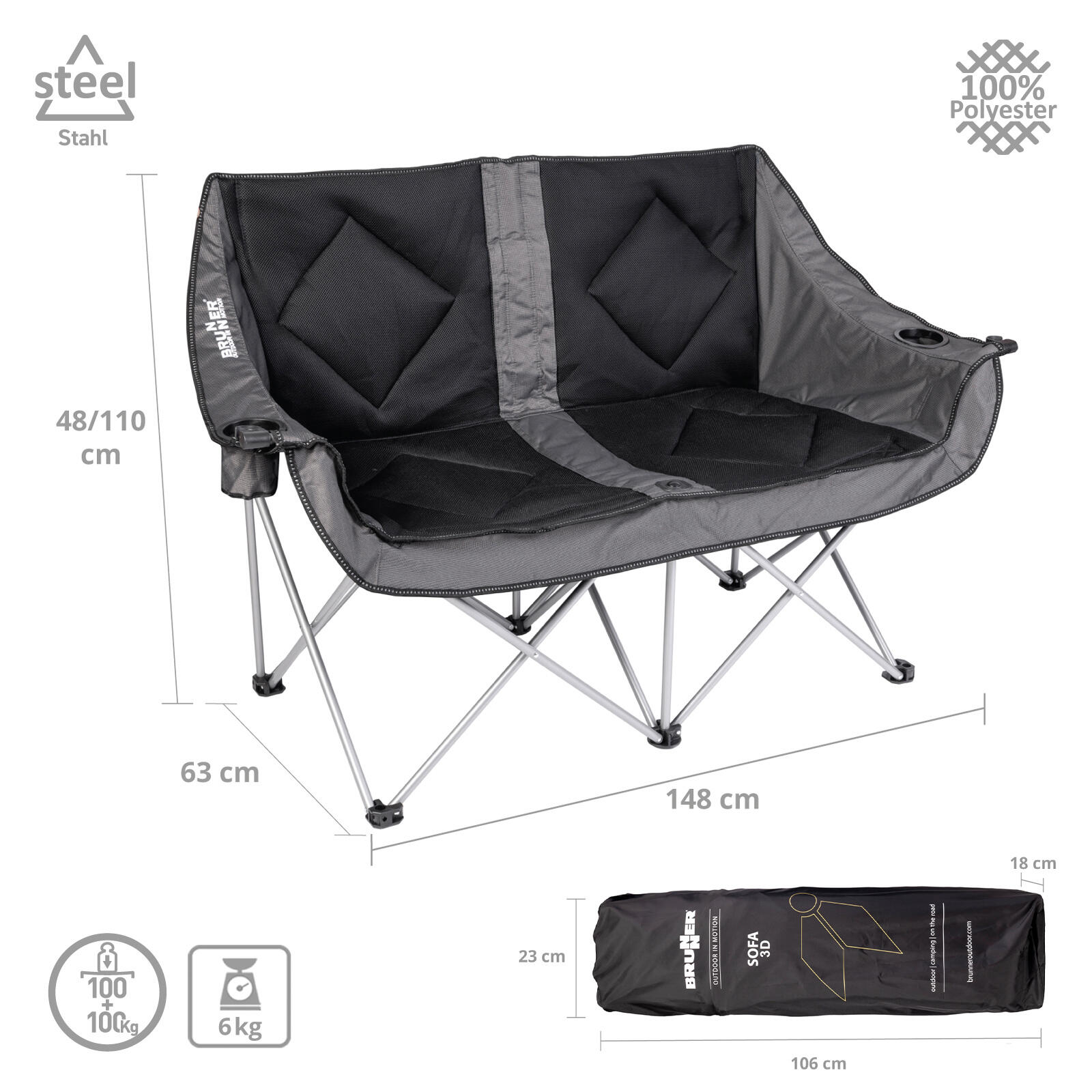 Camping bank Action 3D dubbele lounge 2 persoons klapstoel 200 kg 2/4