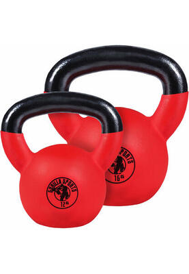 Kettlebell set - 12 kg en 16 kg - gietijzer - rubber coating - vinyl - rood