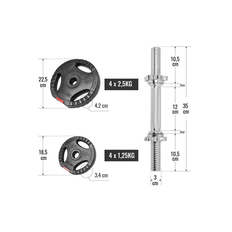 KIT HALTÈRES COURT 20KG AVEC DISQUES PLASTIQUES GRIP | MUSCULATION | 30MM/31MM