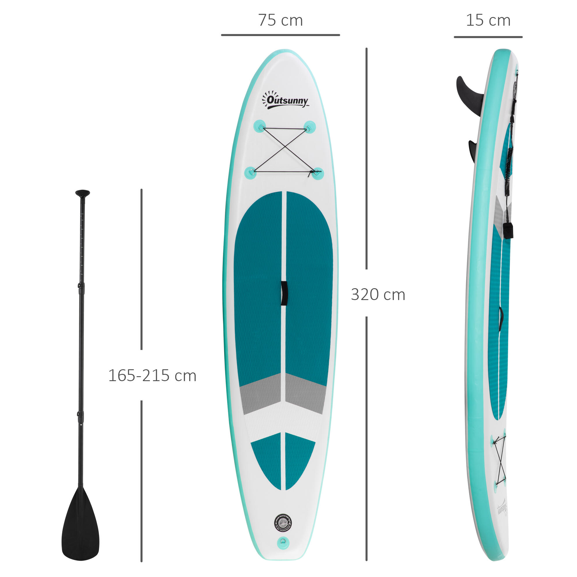 Tabla de Paddle Surf Hinchable Outsunny 320x76x15 cm Blanco y Turquesa 3/8