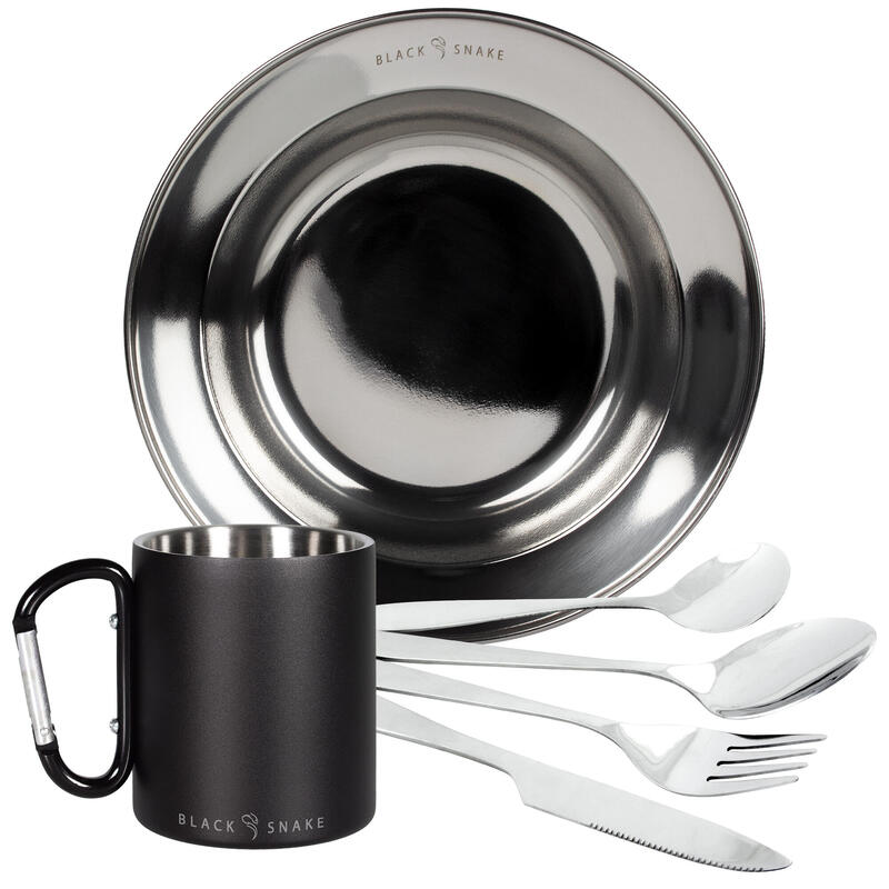 Camping taza térmica mosquetón, plato hondo y cubiertos set | Acero inoxidable