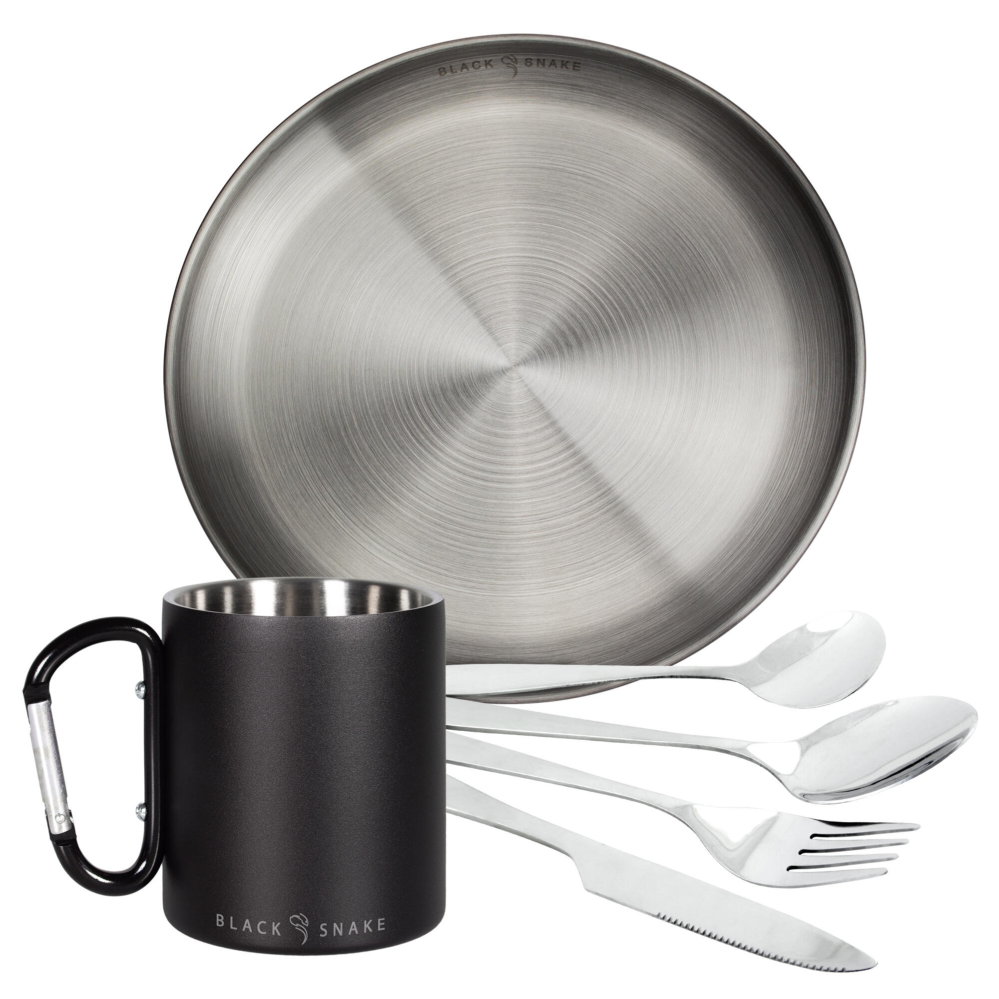 Caneca térmica de cojunto de mosquetão, prato raso e talheres 'lunch'
