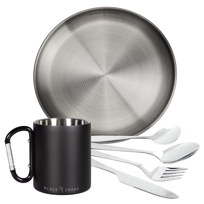 Camping Thermotasse Karabinerhaken, flacher Teller und Besteck 'lunch' Set