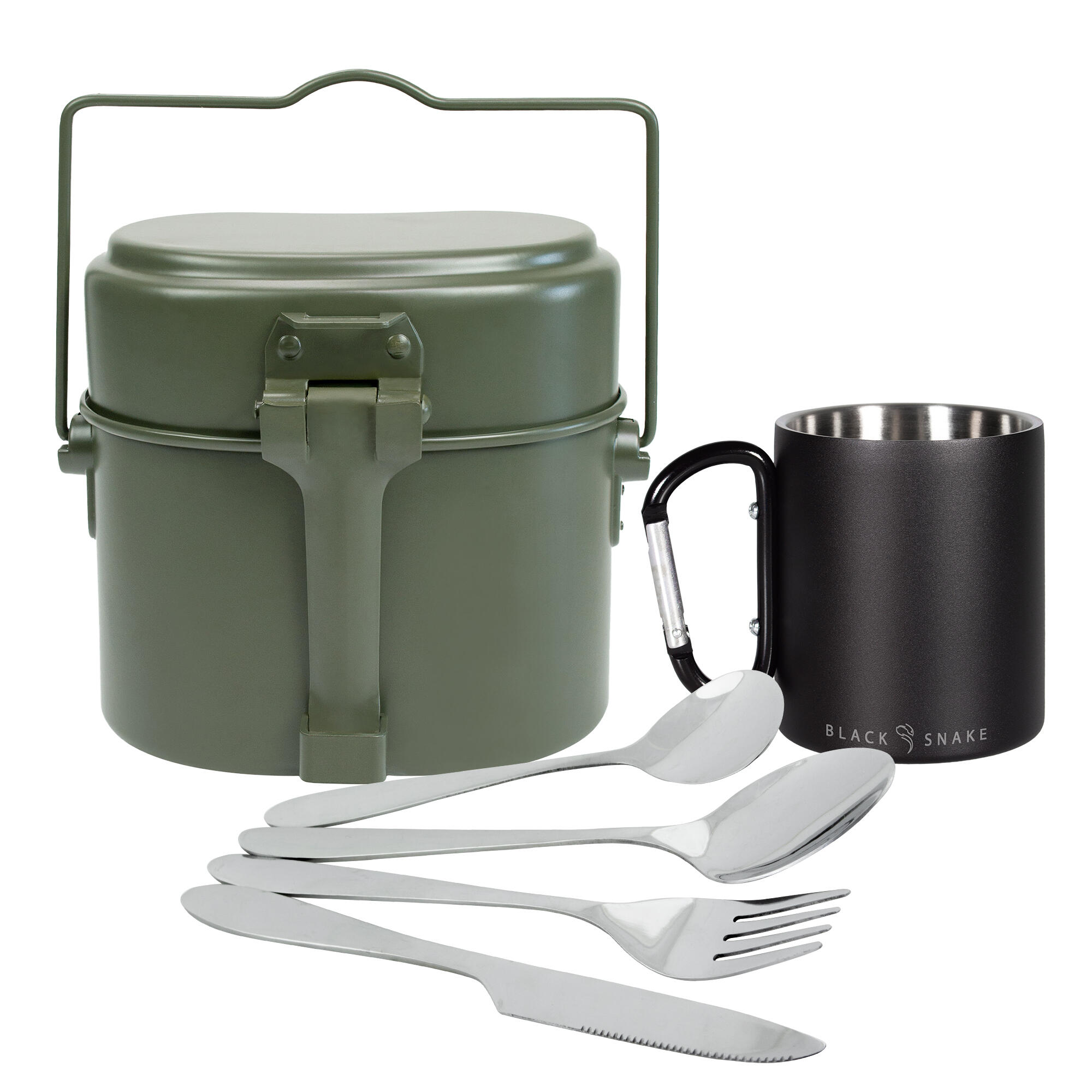 Thermal carabiner mug, cookware and camping cutlery set