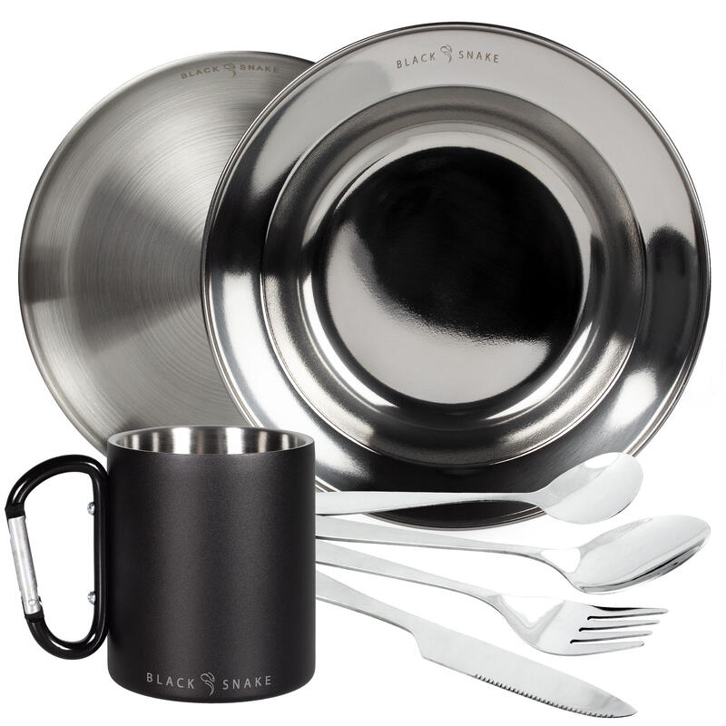 Camping Besteck 'lunch', Thermotasse Karabinerhaken, Teller flach und tief Set