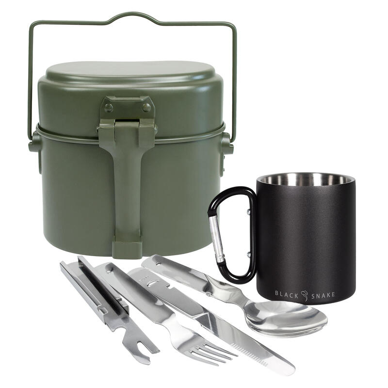 Cubiertos, taza térmica mosquetón y batería de cocina de camping set