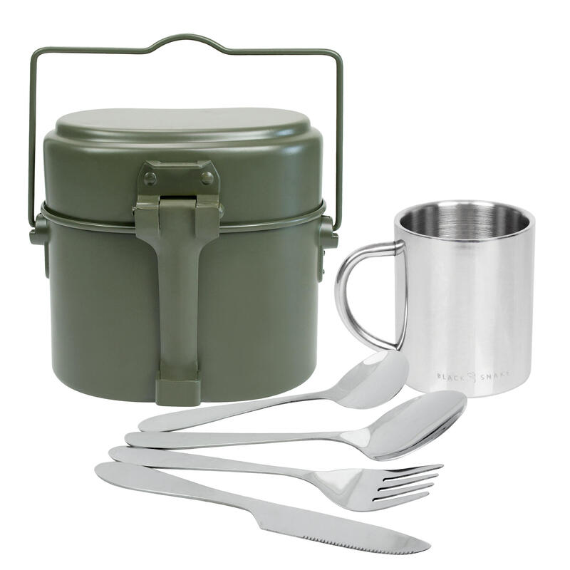 Batería de cocina, taza térmica y cubiertos de camping | Aluminio y acero inox