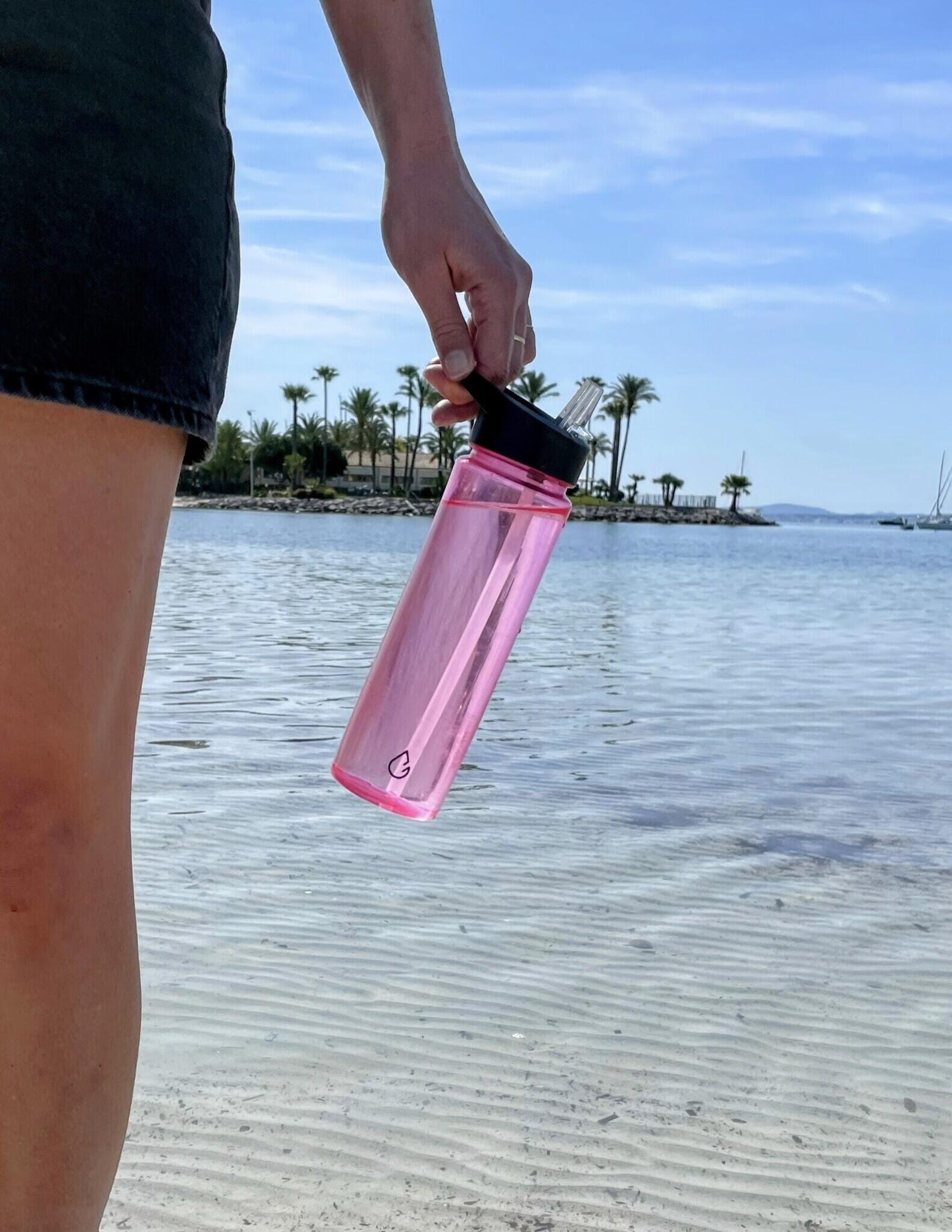 Waterfles met rietje roze transparant 1 liter 3/4