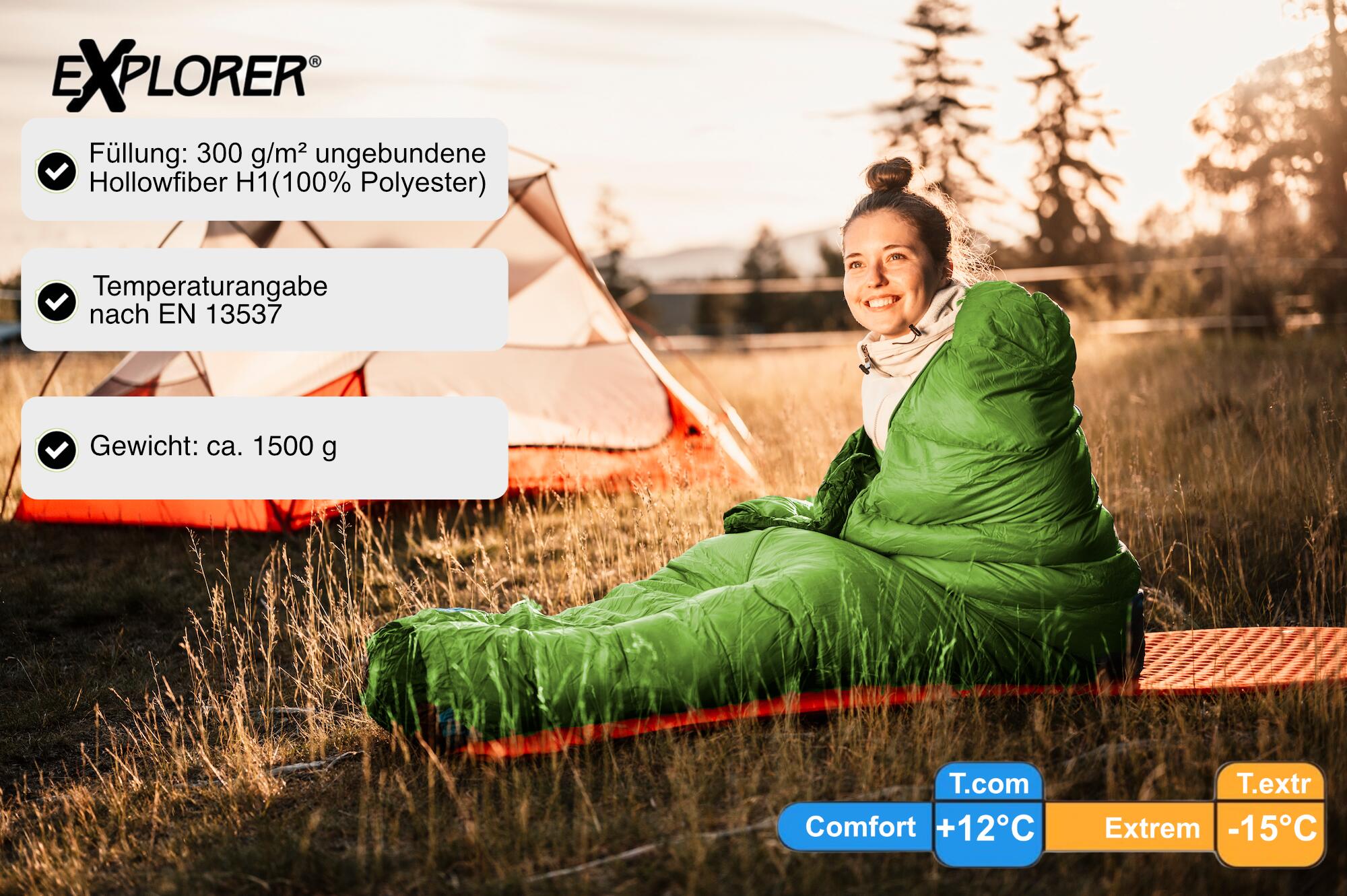 Mumienschlafsack L Green Schlafsack  Camping Zelt Trekking Explorer 1,5 kg 7/7