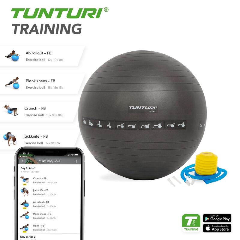 Tunturi 65 cm Gymnastikball reissfest ABS Anti-Burst Schwarz