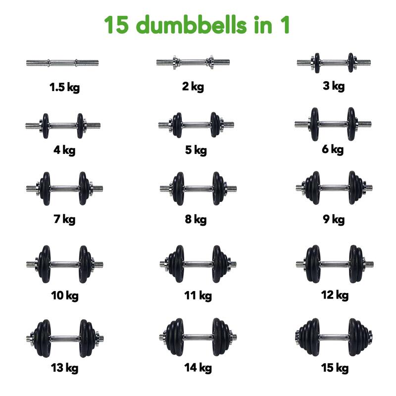 Dumbell Gietijzer totaal 15kg - Halterset met schroefsluiting - 1 Halterstang