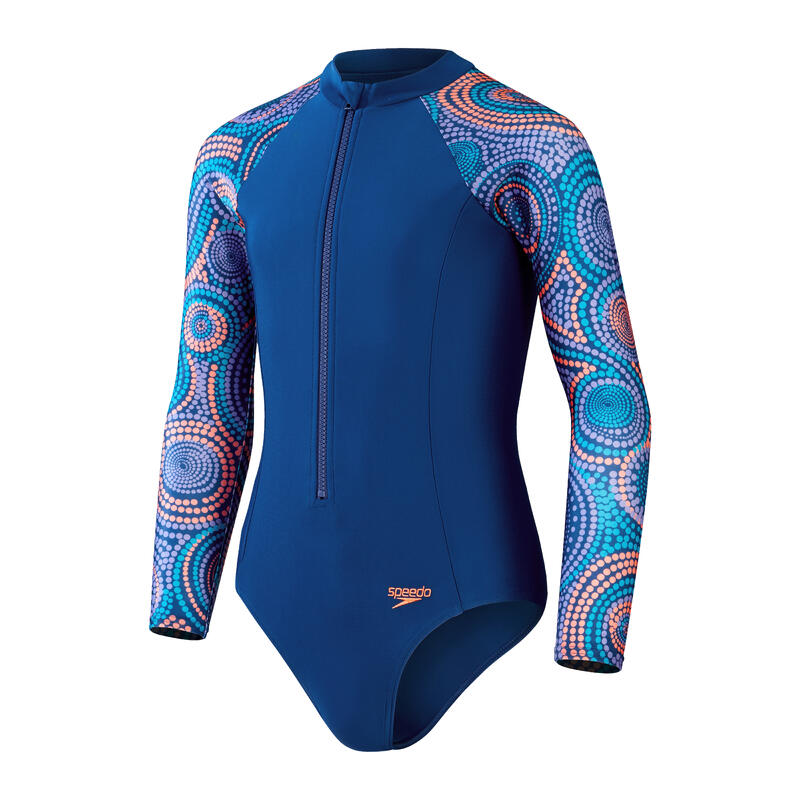PRINTED GIRLS' (AGED 6-14) LONG SLEEVE SWIMSUIT - BLUE