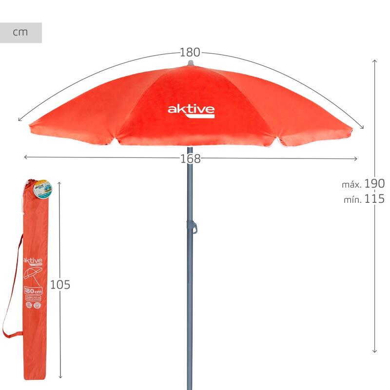 Sombrilla playa Ø180 cm c/mástil inclinable y protección UV50 rojo Aktive