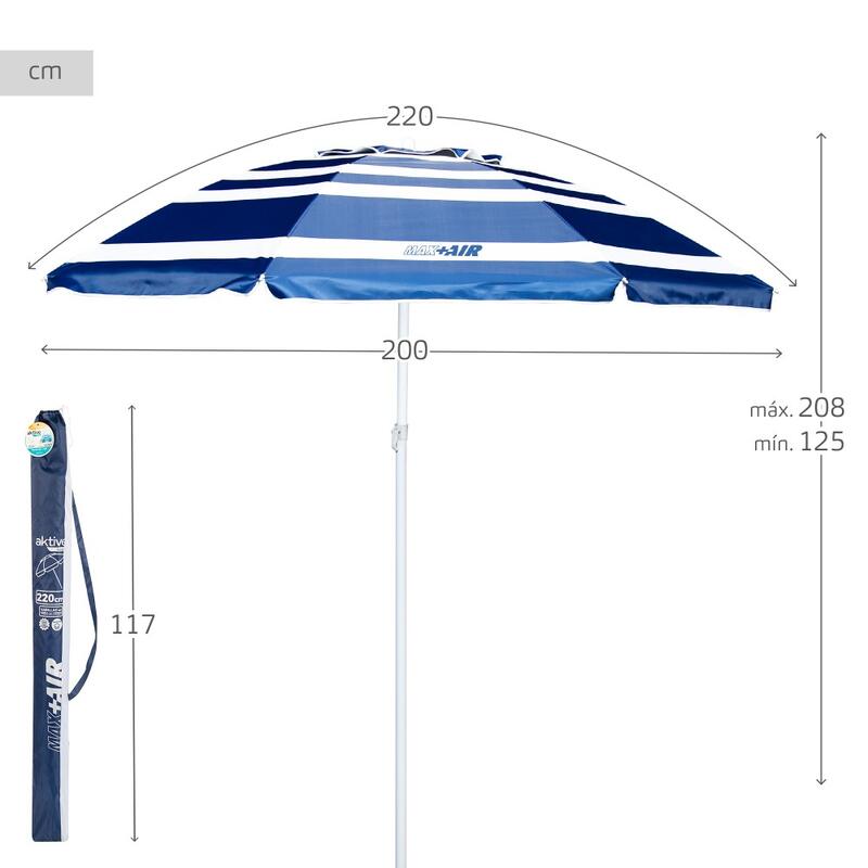 Parapluie de plage coupe-vent Ø220 cm avec mât inclinable et UV50 Aktive
