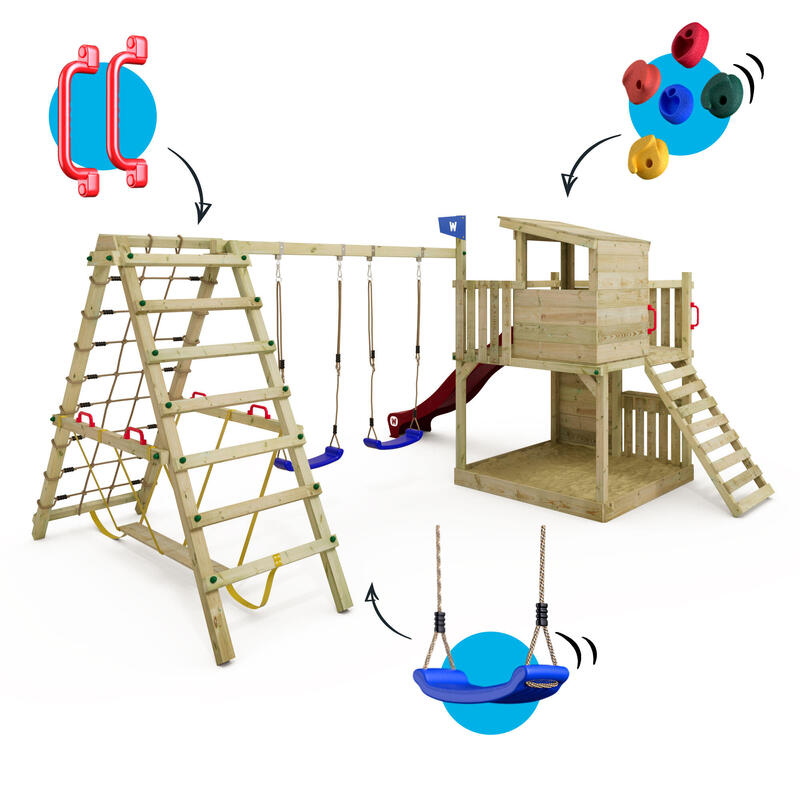 Aire de jeux Portique bois Smart Nest avec balançoire rouge