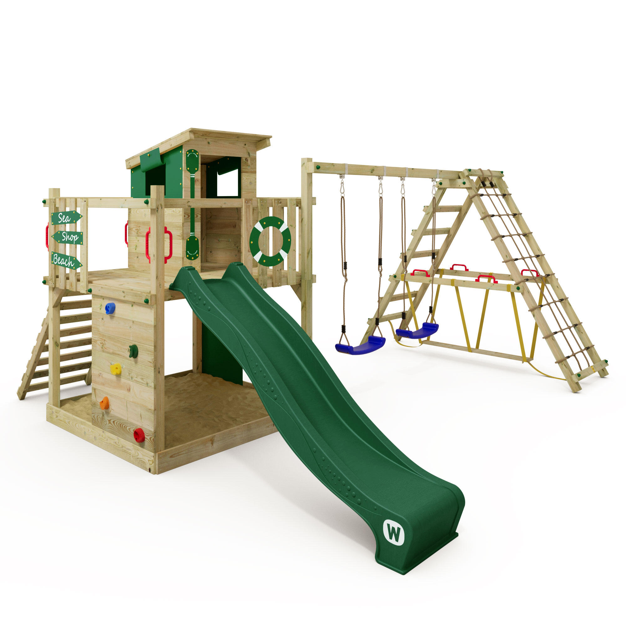WICKEY Smart Surf speeltoren met schommel & groene glijbaan