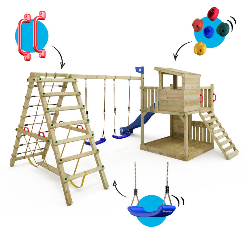 Aire de jeux Portique bois Smart Nest avec balançoire bleu