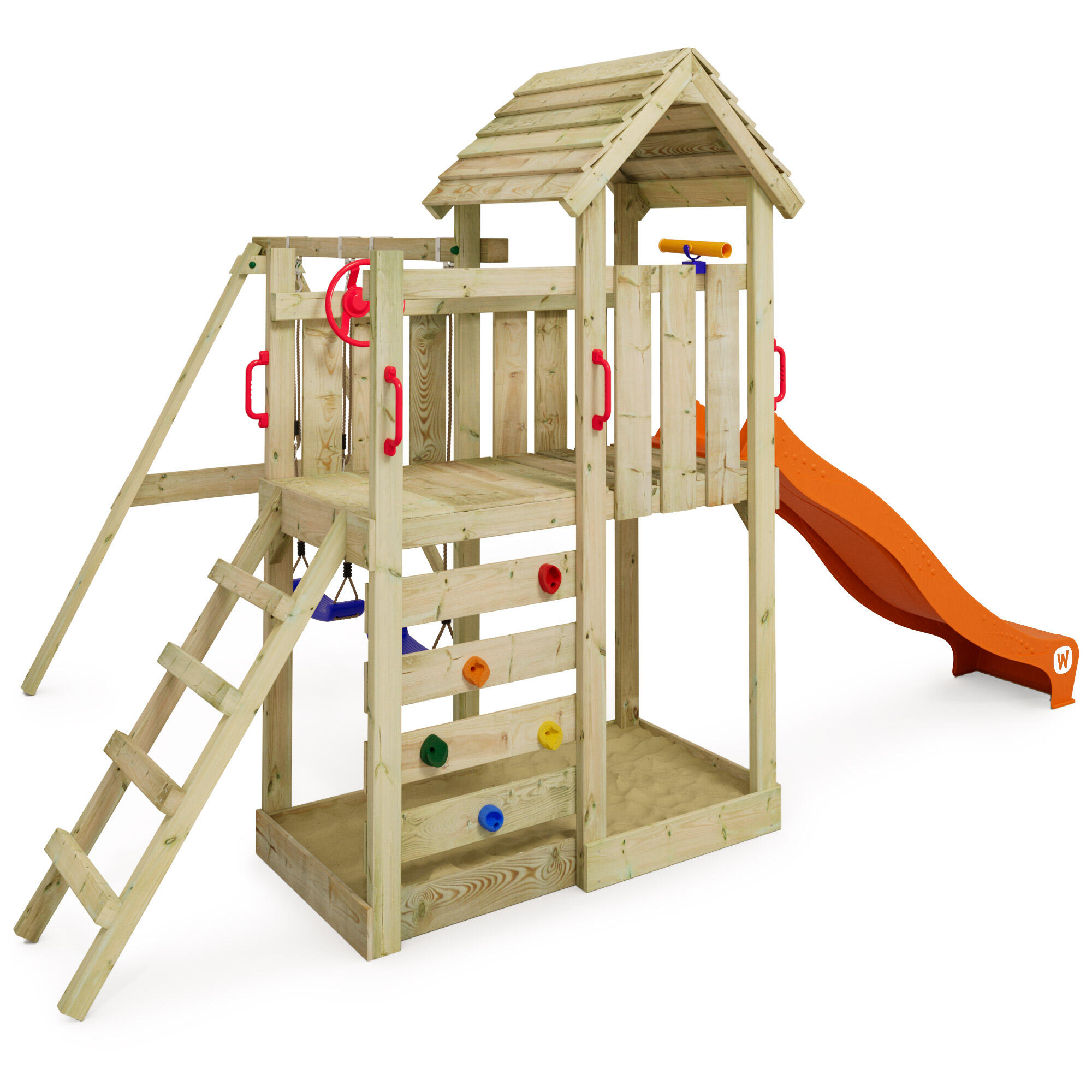 MultiFlyer houten speeltoren met schommel & oranje glijbaan 2/7