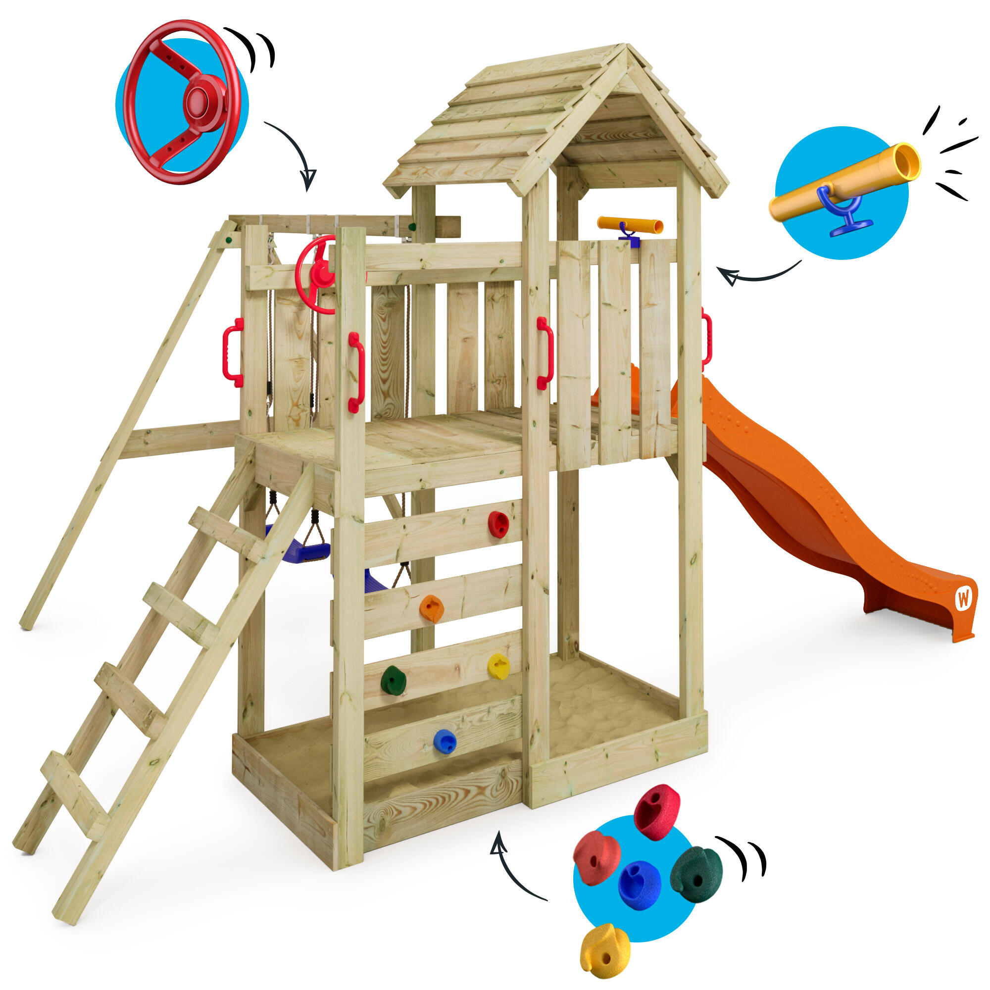 MultiFlyer houten speeltoren met schommel & oranje glijbaan 4/7