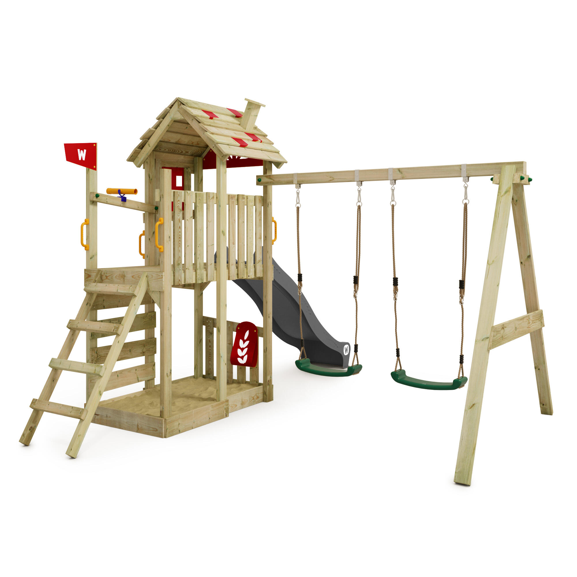 WICKEY Structure d'exploration Smart Travel en bois avec toboggan gris, balançoire double et maison sur pilotis | Leroy Merlin WICKEY Structure d'exploration Smart Travel en bois avec toboggan gris, balançoire double et maison sur pilotis | Leroy Merlin