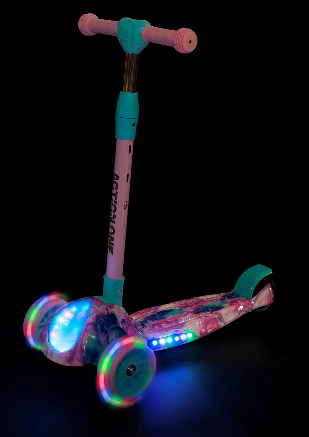 Trotineta Glamour cu lumina frontala si roti luminoase si late, turcoaz 5/6