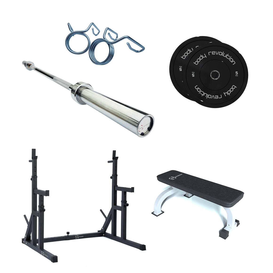 BODY REVOLUTION Olympic Home Gym Set - Squat Rack, Flat Bench, Barbell and 10kg Weight Set