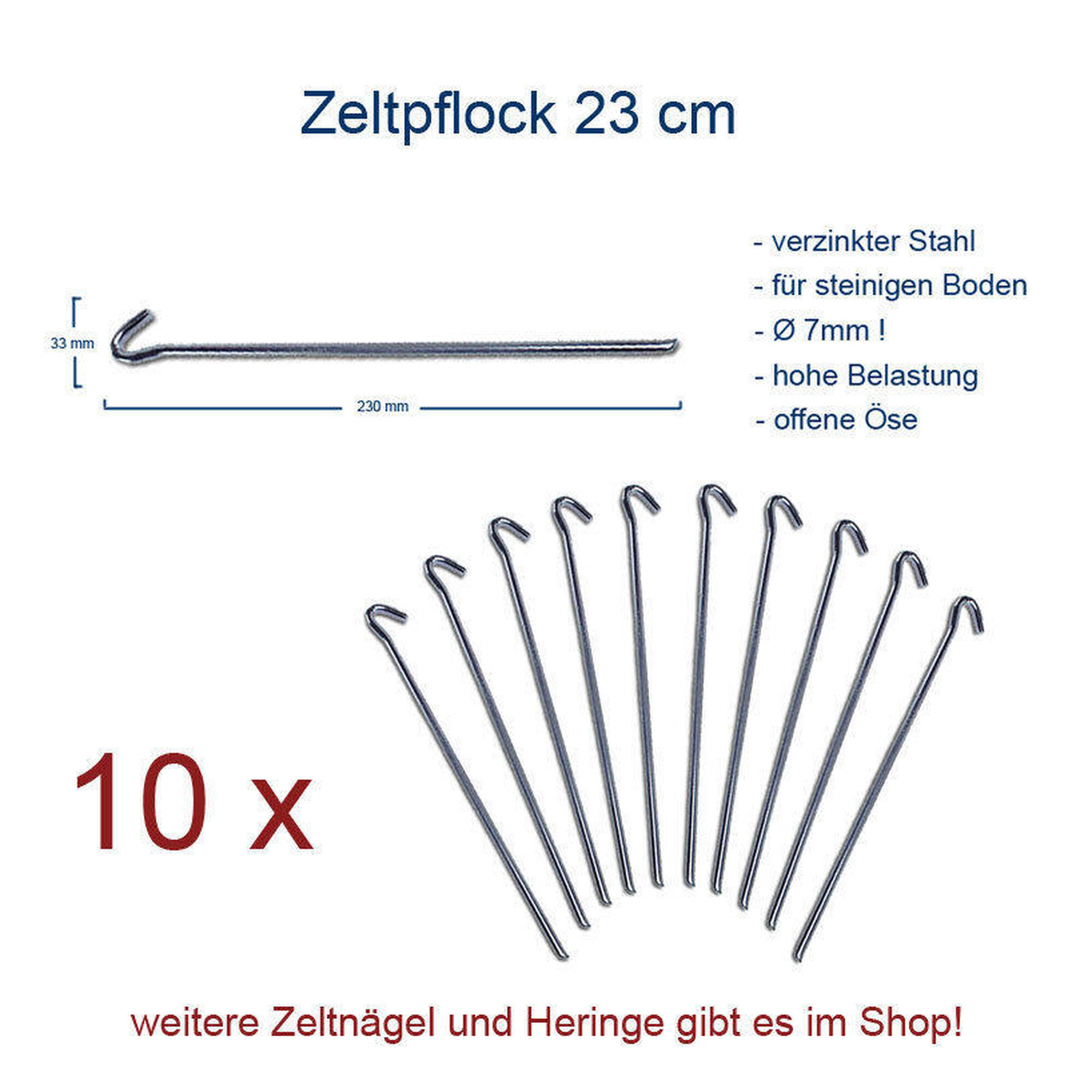 10 x Zeltpflock 23 cm Zelt Hering Erdnagel Stahl Nagel verzinkt 7 mm stabil