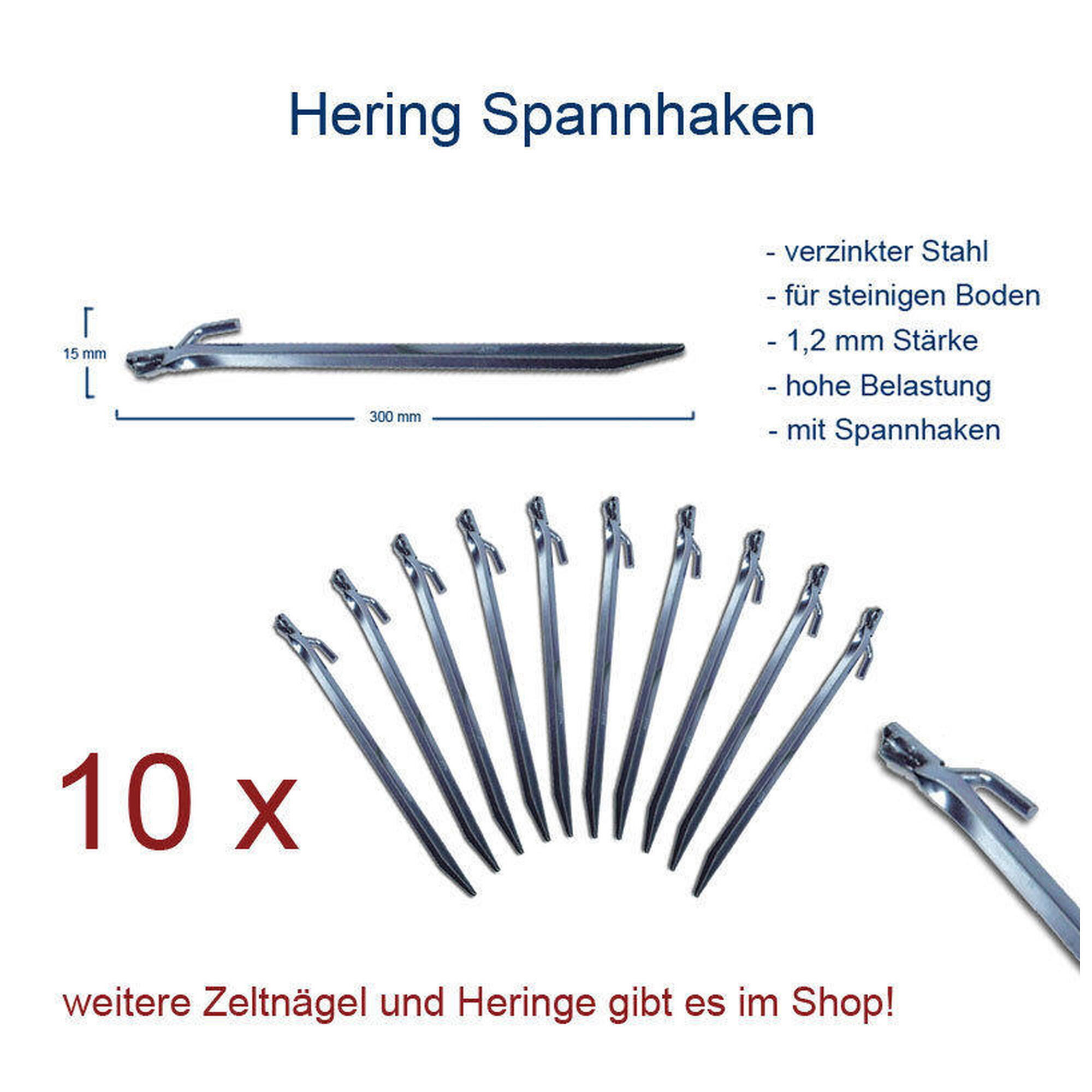 10 x Hering Tirol 30 cm mit Spannhaken Zelt Nagel Fels Erdnagel Stahl verzinkt