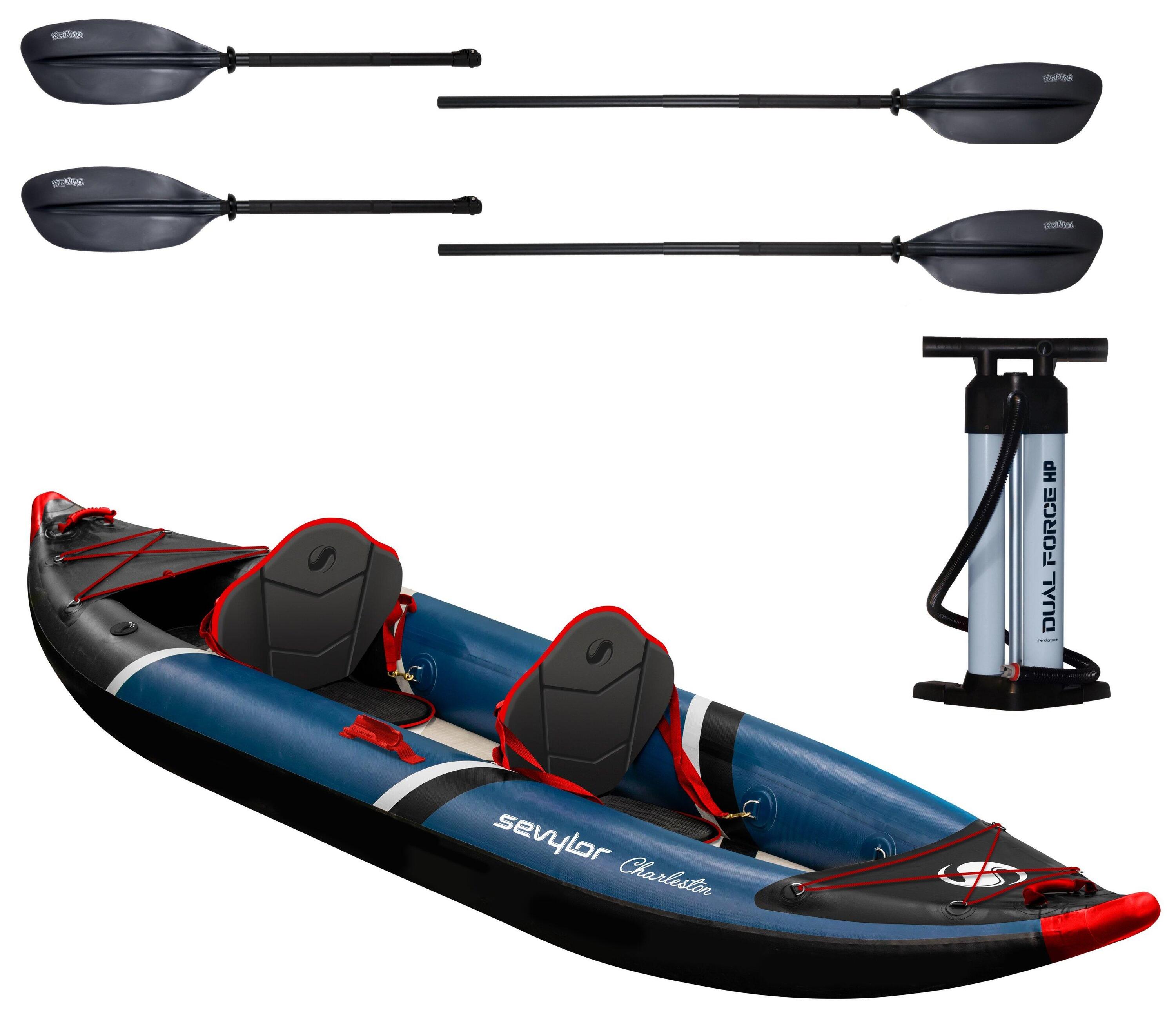 Charleston 2 Person inflatable kayak kit, fibreglass paddles and HP pump - Blue 1/6