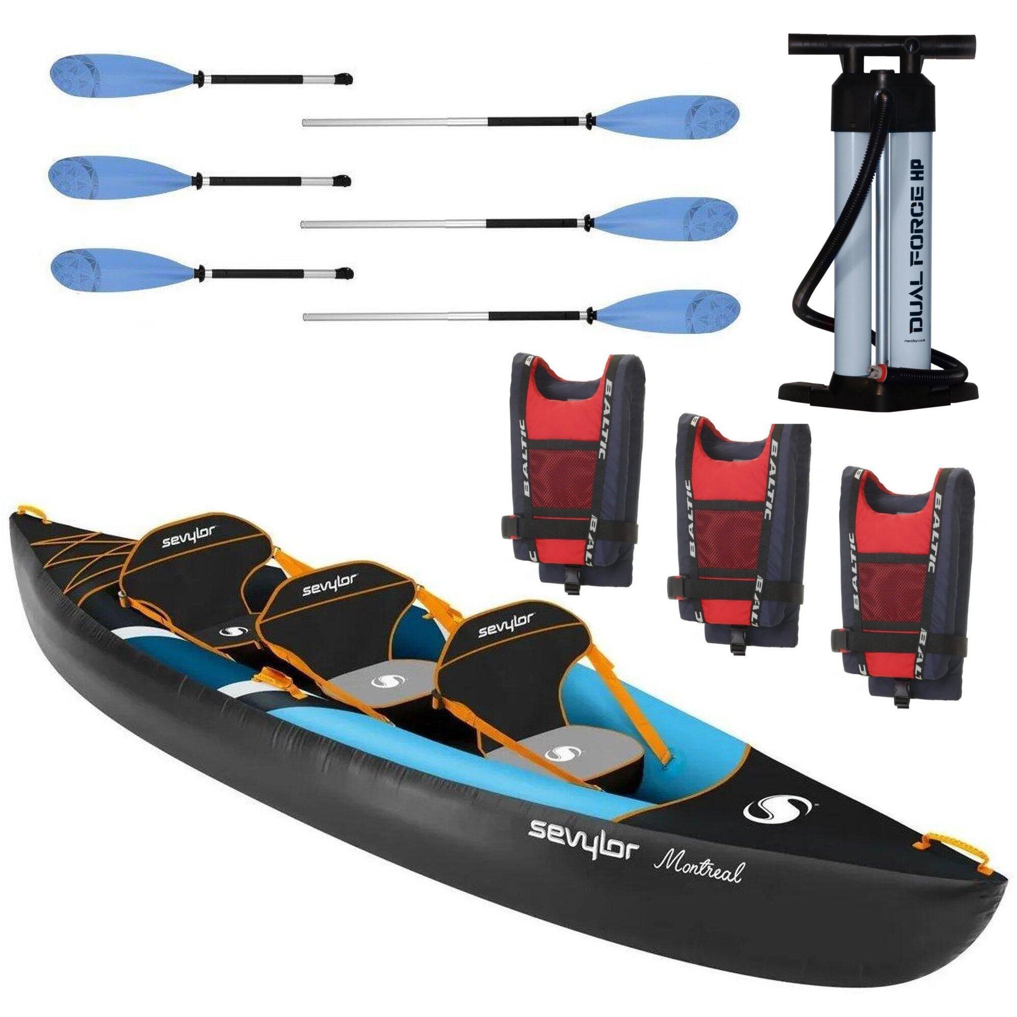 SEVYLOR Montreal 3 Person inflatable Kayak kit with Buoyancy Aids, Paddles & HP Pump