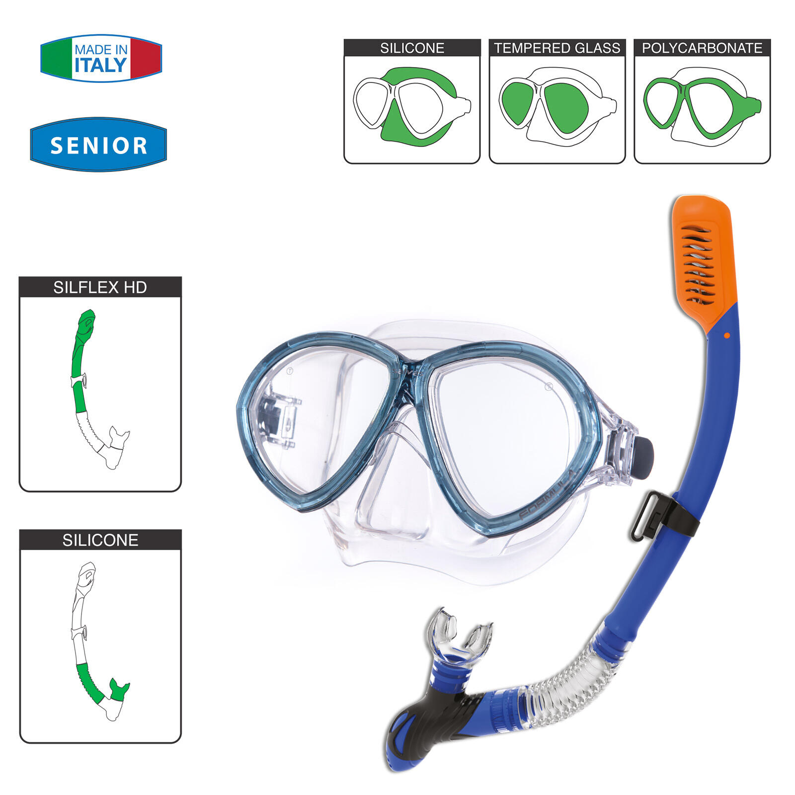 Set Formula duikbril + snorkel duiker DryTop anti-condens silicone 2/4