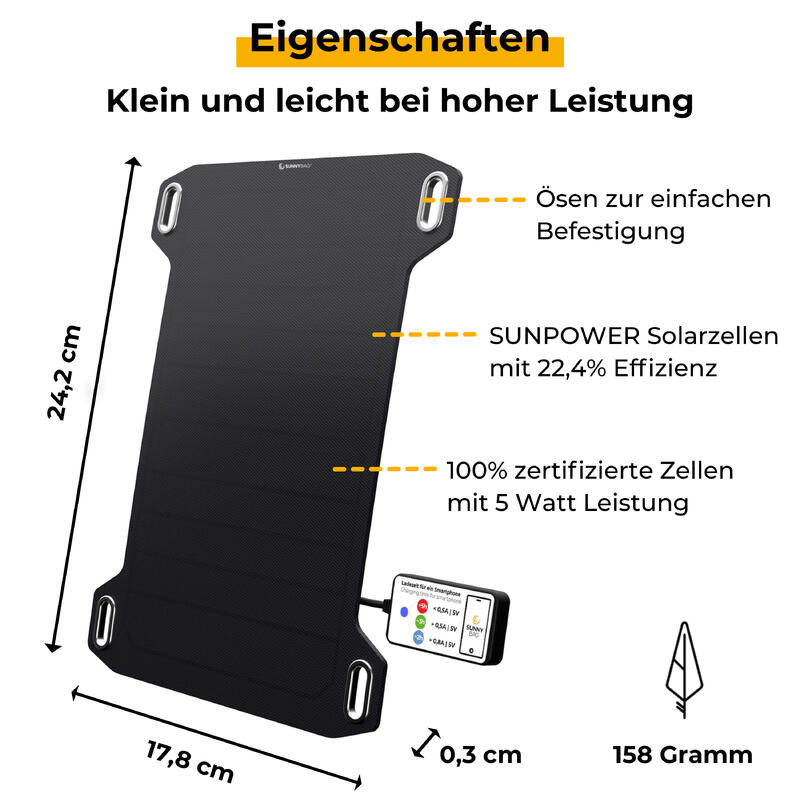 LEAF MINI Solarpanel | 5W | Ultraleicht mit 349g | Wandern | Solarmodul Outdoor