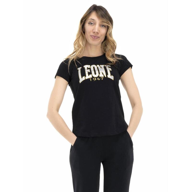 Camiseta feminina com logotipo dourado e prateado